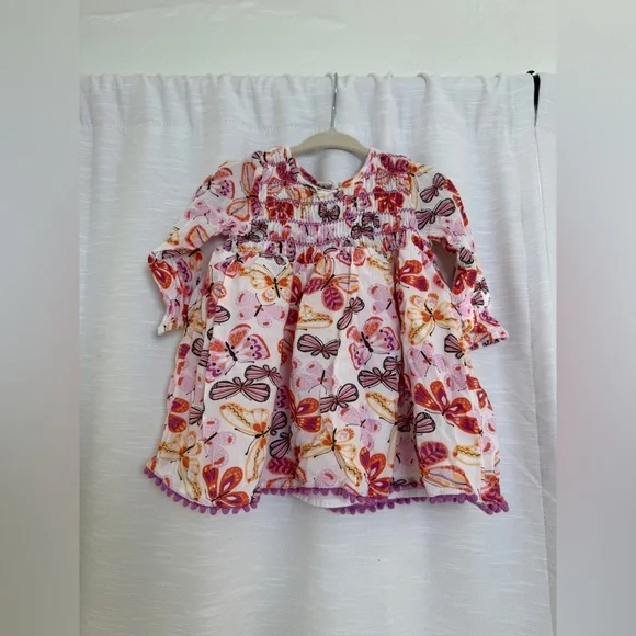 Peek Baby Girl Butterfly Print Smocked Dress Pink Orange Long Sleeve Size 6-12M - Picture 4 of 10